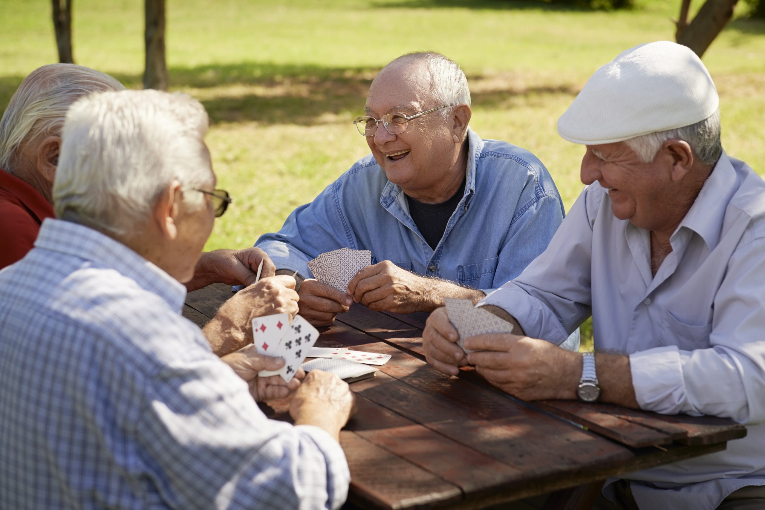 3 mature men playing cards